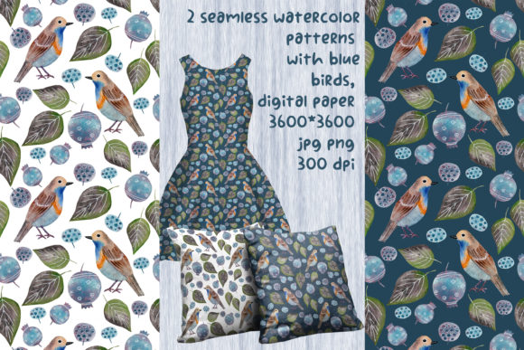 2 Watercolor Patterns with Blue Birds