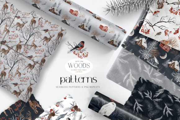 Winter Woodland Seamless Patterns PNG